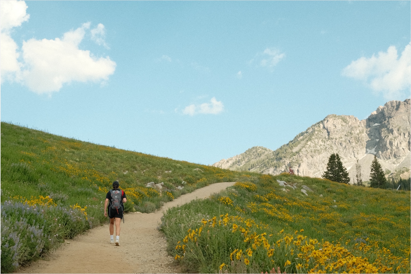 A person hiking on a trail in the mountains near Newpark Resort near Park City, Utah.