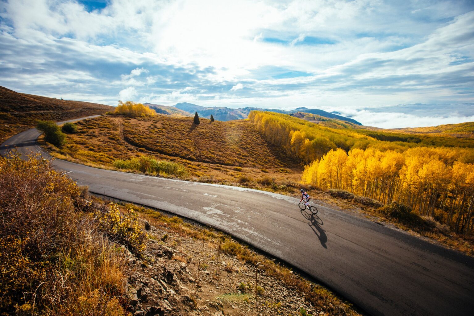 Cyclist riding a road bicycle on a winding hillside road amid autumn yellow trees under a cloudy blue sky.