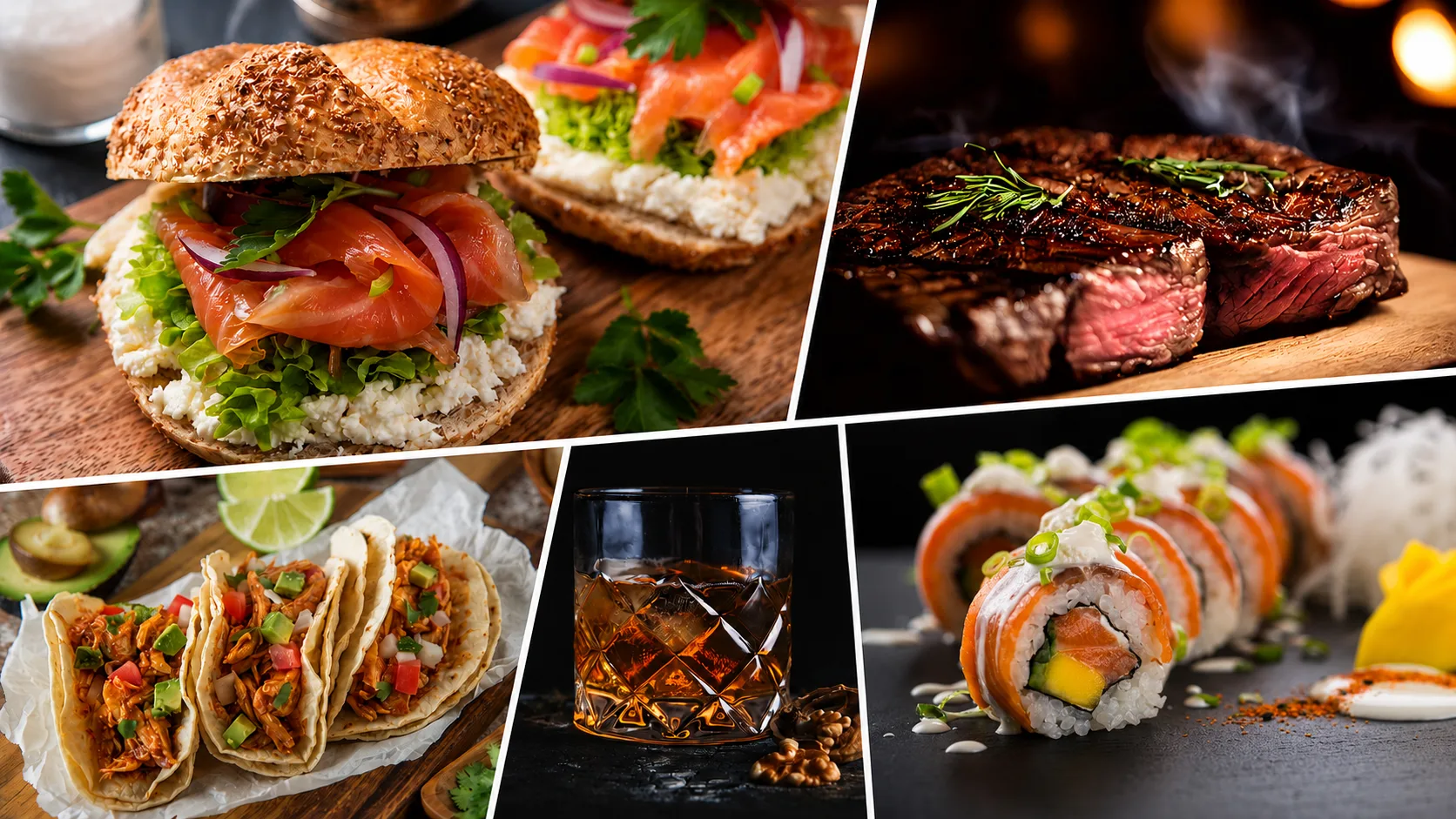 Collage of gourmet foods: salmon burgers, grilled steak, tacos, sushi rolls, and a glass of whiskey.